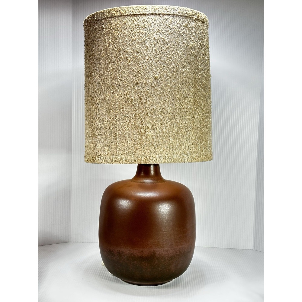 Vintage Bostlund Rich Brown Glaze Pottery‎ Table Lamp With Shade Mid Century Mod